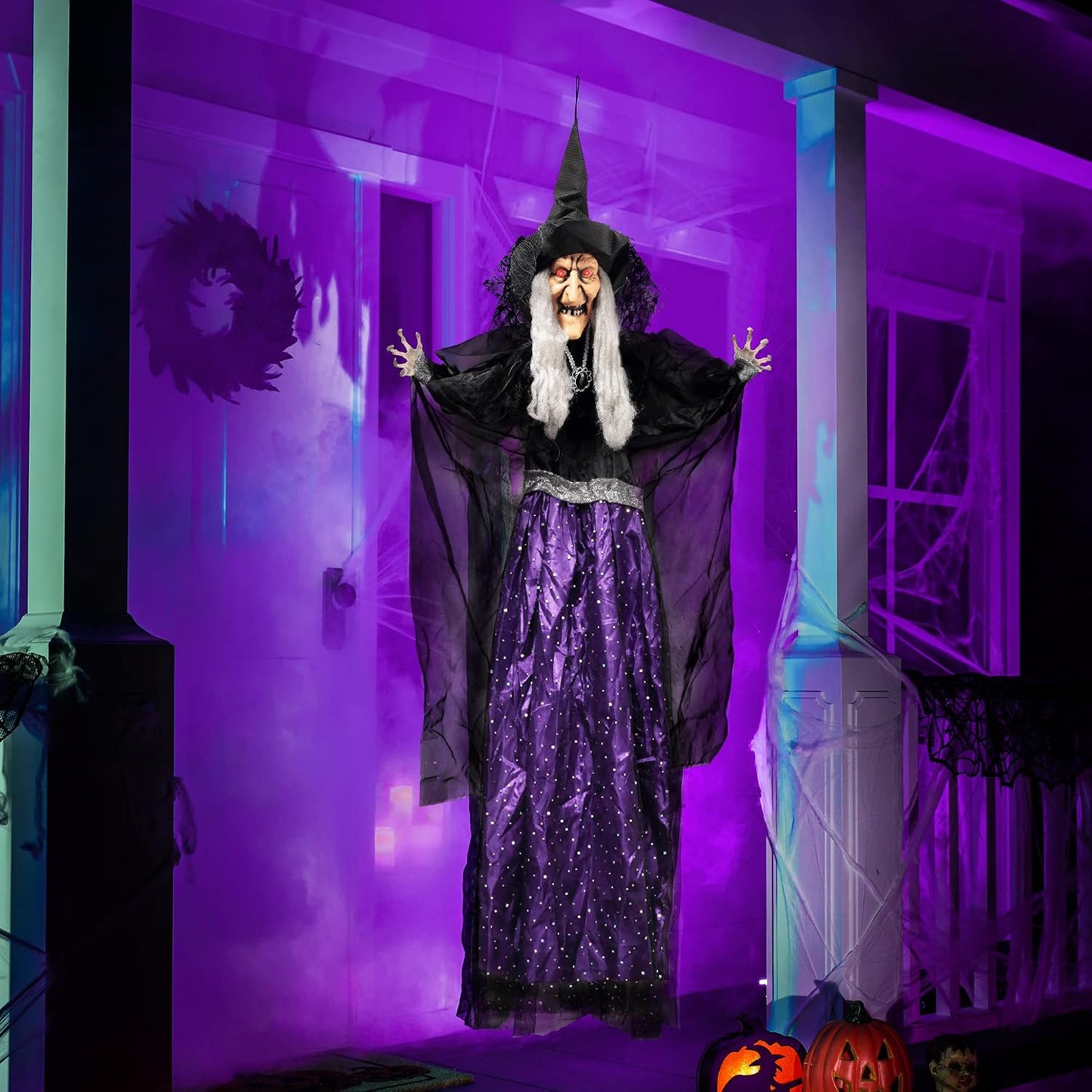 47” Animated Witch Halloween Decorations Outdoor Indoor, Scary Halloween Animatronics Decor, Hanging Ghost Talking Sound Activated Led Lights Eyes Haunted House Yard Garden Lawn