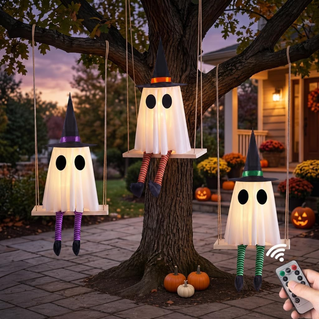 Halloween Swinging Ghost Outdoor Decor, Spooky Hanging Ghosts Decorations