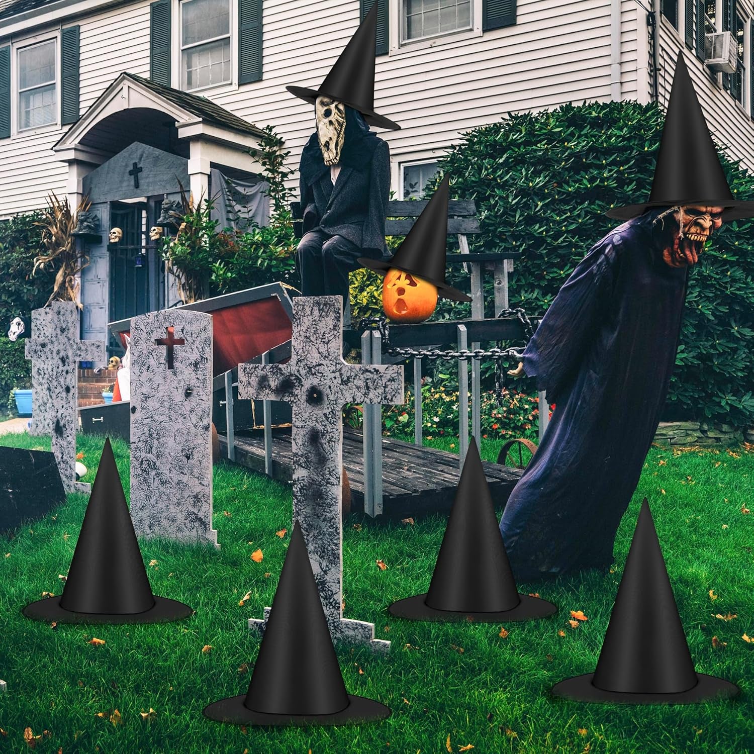 12 PCS Halloween Witch Hats, Black Hanging Witch Hats Porch Yard Decor
