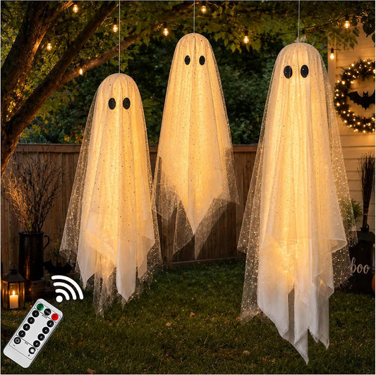 Halloween Decorations Outdoor/Indoor-3Pcs Hanging Ghost Decor with Light,Halloween Ornaments,Hallowee N Decor for Porch,Tree,Yard,Window,Garden