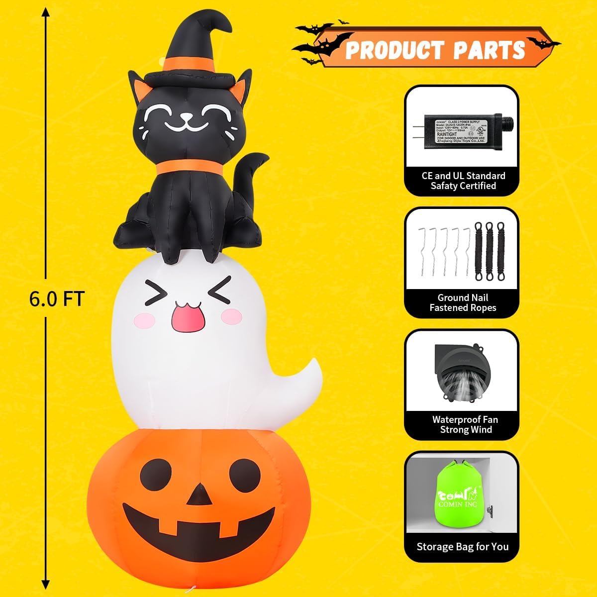 6 FT Halloween Inflatables Pumpkin Ghost Cat Combo Outdoor Decorations Blow up Yard with Built-In Leds for Indoor Party Garden Lawn Decor