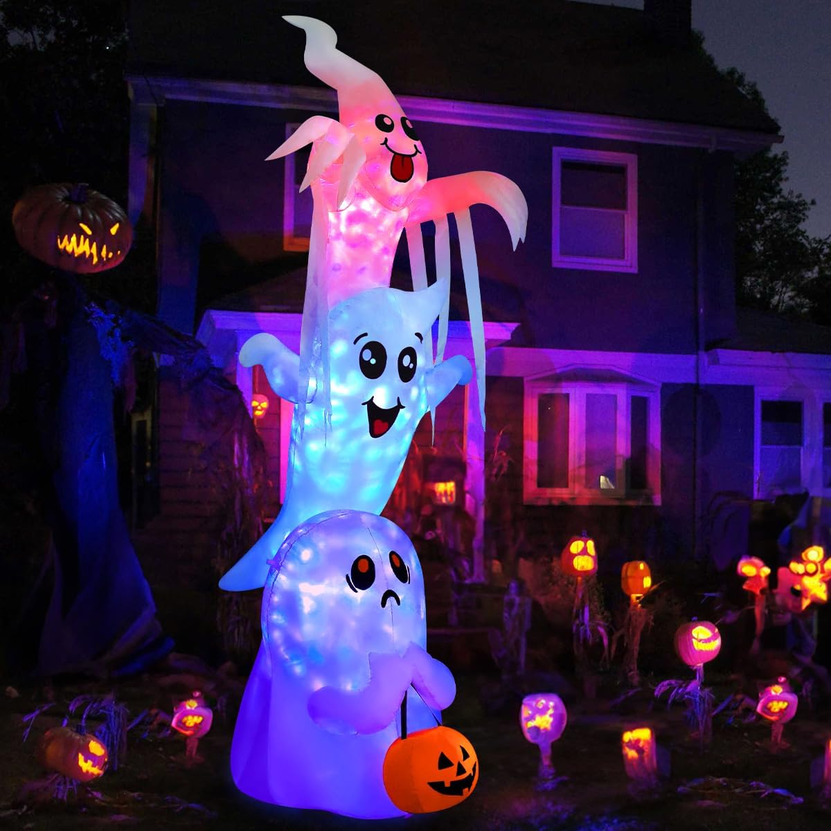 9.8 FT High Halloween Inflatable Overlap Ghost Outdoor Decorations Blow up Yard with Built-In Leds for Garden Lawn Indoor Party Decor (Three Ghosts)