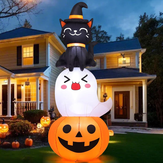 6 FT Halloween Inflatables Pumpkin Ghost Cat Combo Outdoor Decorations Blow up Yard with Built-In Leds for Indoor Party Garden Lawn Decor