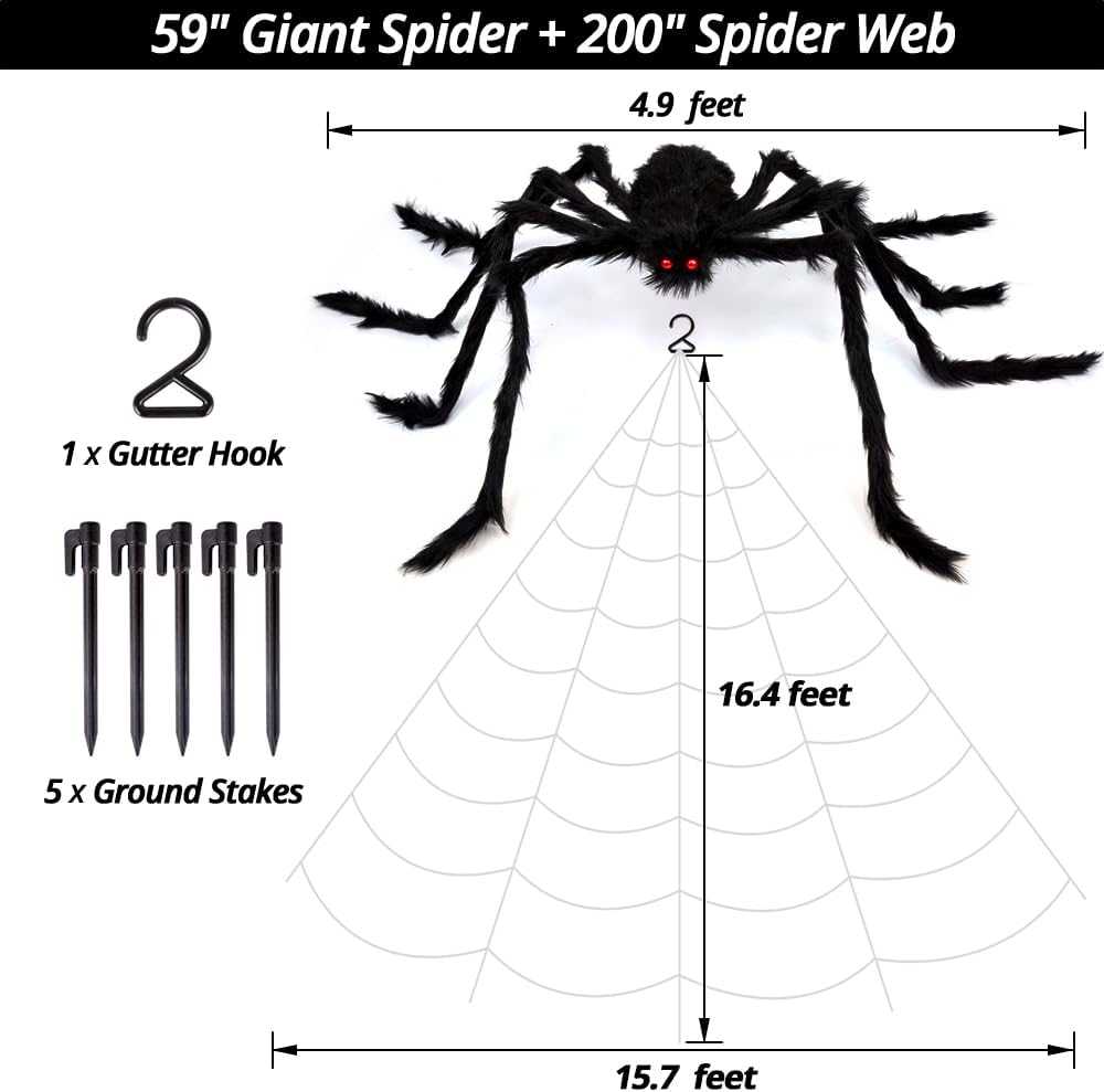 200" Halloween Decorations Spider Web Outdoor +59" Giant Spider Décor