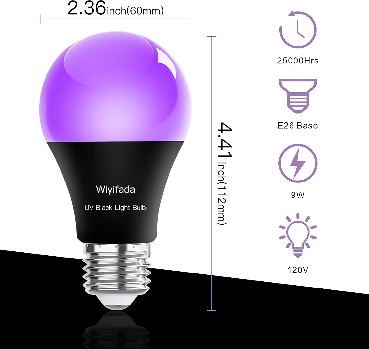 LED Black Light Bulbs 2 Pack, Dimmable A19 9W,UVA Level 385-400Nm