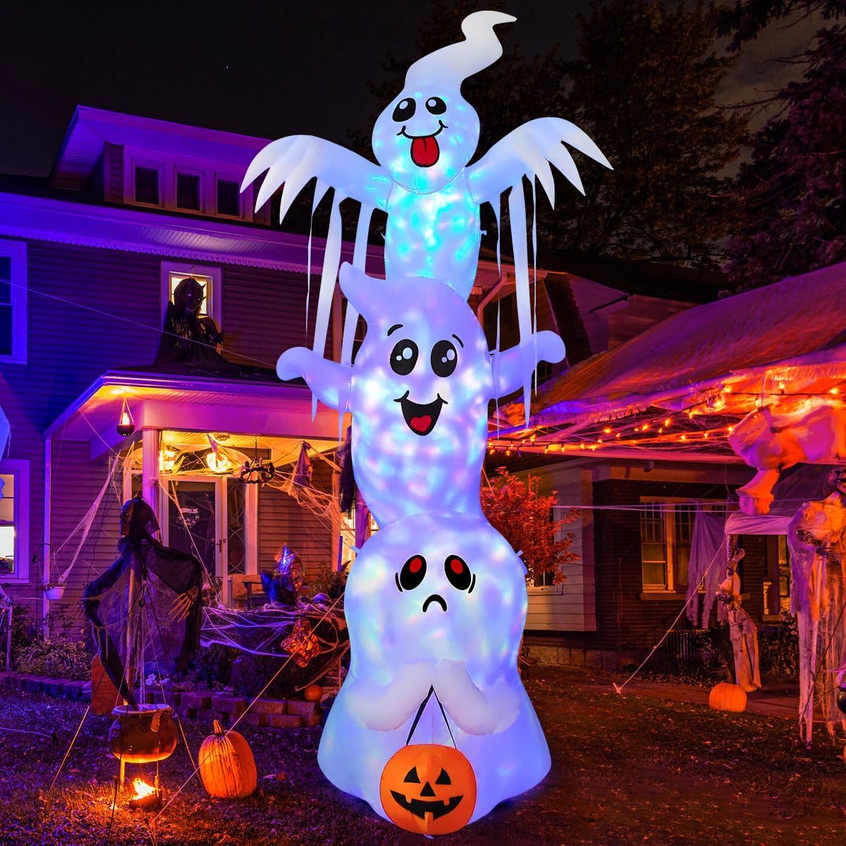 9.8 FT High Halloween Inflatable Overlap Ghost Outdoor Decorations Blow up Yard with Built-In Leds for Garden Lawn Indoor Party Decor (Three Ghosts)