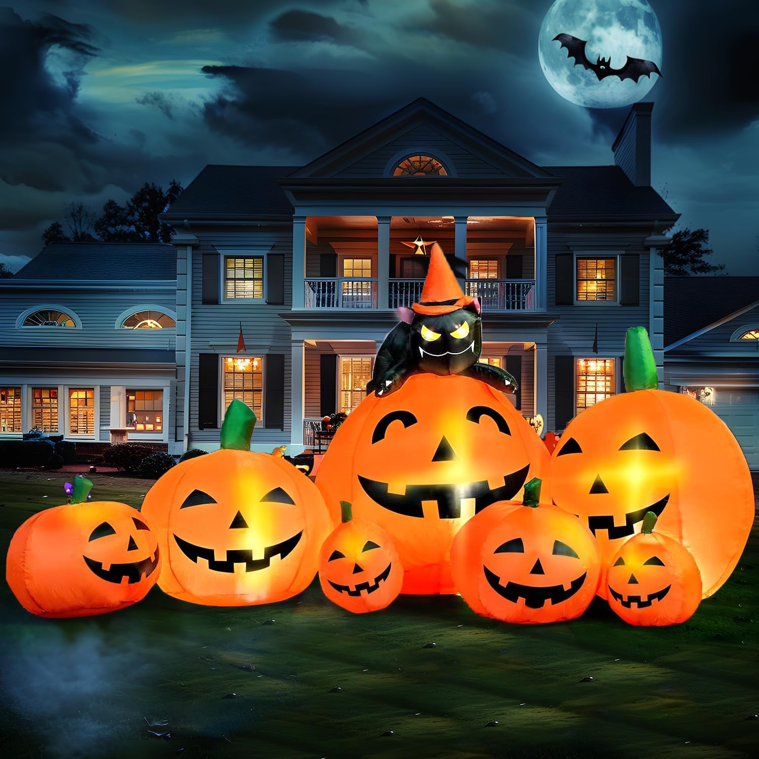 7 FT Long Halloween Inflatables Pumpkin Outdoor Decorations, 7 Pumpkins outside Decoration with Witch'S Cat with Build-In Leds Blow up Inflatables for Party Yard Lawn Garden Decor