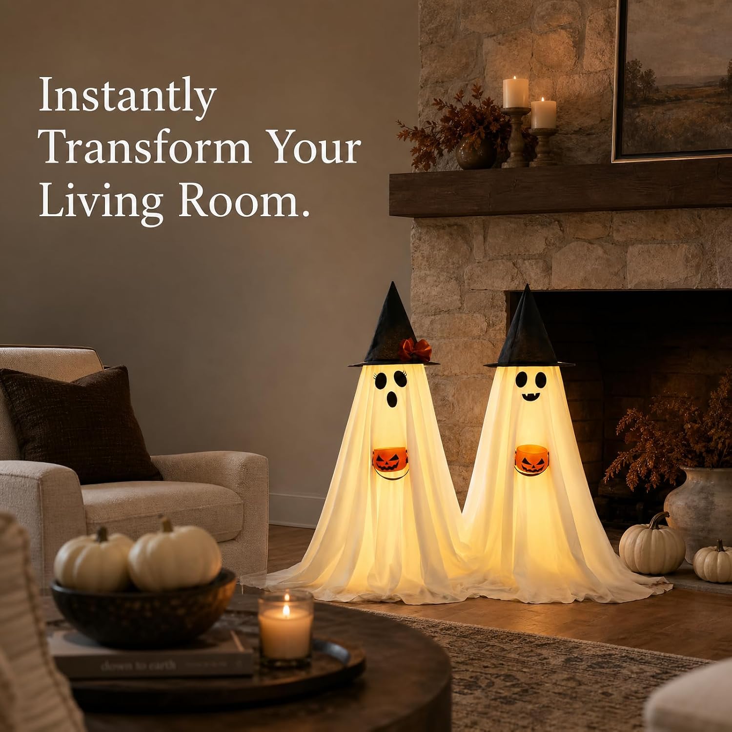 Halloween Decorations Indoor Lighted Ghost, 2 Pack Cute Light up Ghosts