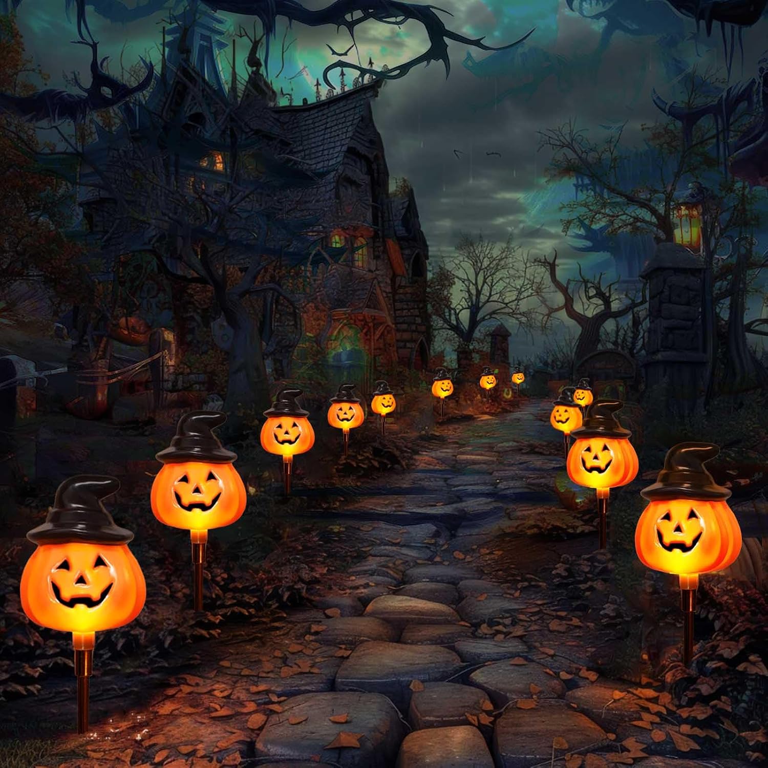 6 Pack Solar Jack O Lantern Stake String Lights - Orange Halloween Pathway Decor for Outdoor Halloween Yard Display
