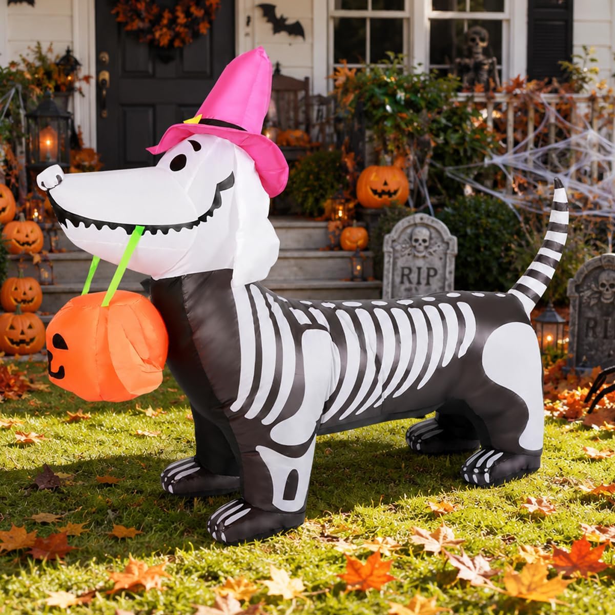 5.5 FT Halloween Inflatables Outdoor Decorations Skeleton Puppy Inflatable Yard Decoration with Build-In Leds Blow up Pumpkin for Halloween Party Indoor Outdoor Yard Garden