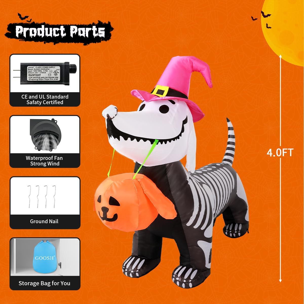 5.5 FT Halloween Inflatables Outdoor Decorations Skeleton Puppy Inflatable Yard Decoration with Build-In Leds Blow up Pumpkin for Halloween Party Indoor Outdoor Yard Garden