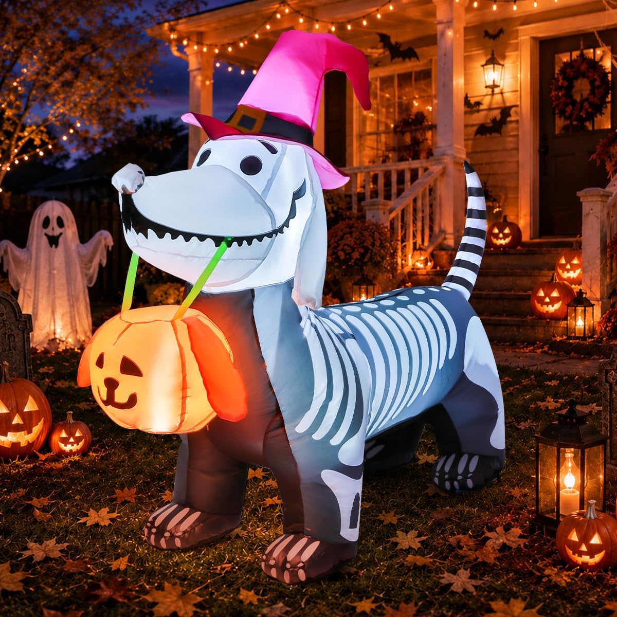 5.5 FT Halloween Inflatables Outdoor Decorations Skeleton Puppy Inflatable Yard Decoration with Build-In Leds Blow up Pumpkin for Halloween Party Indoor Outdoor Yard Garden