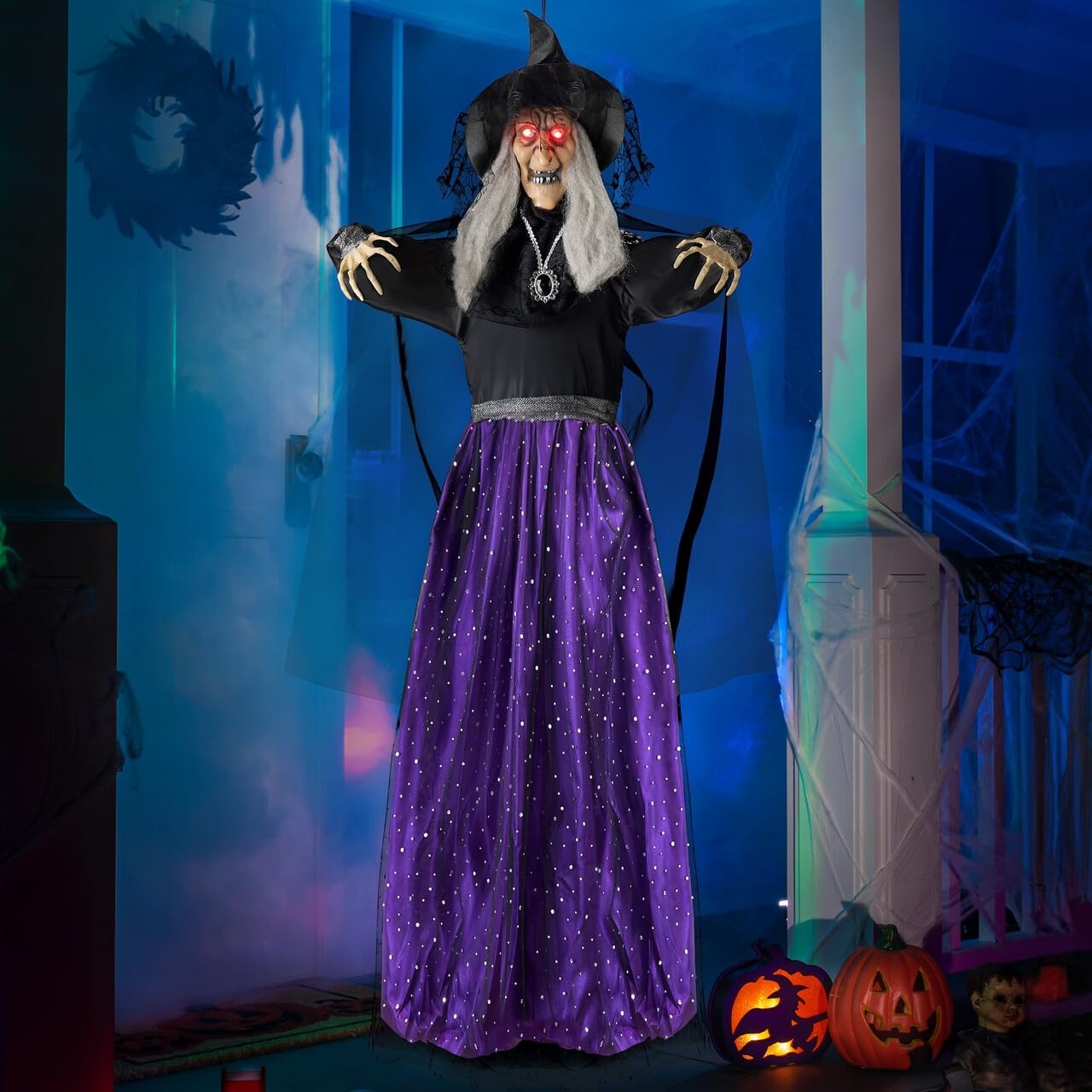 47” Animated Witch Halloween Decorations Outdoor Indoor, Scary Halloween Animatronics Decor, Hanging Ghost Talking Sound Activated Led Lights Eyes Haunted House Yard Garden Lawn