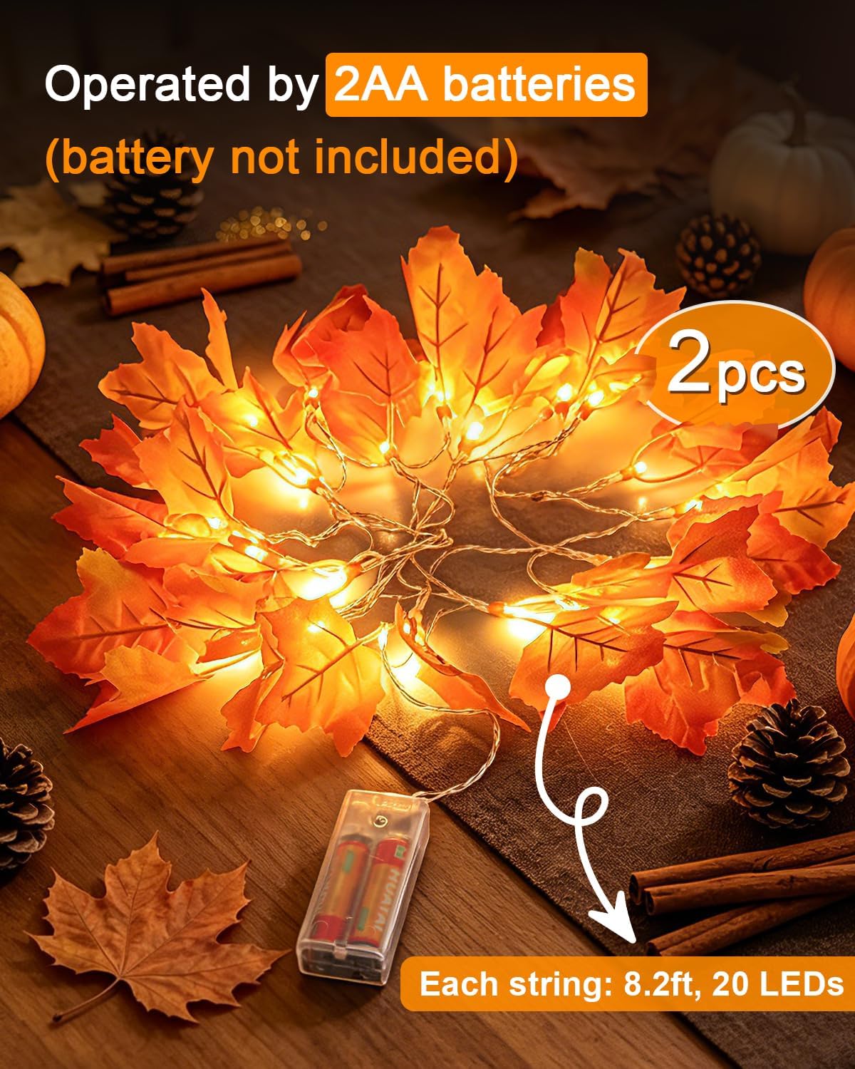 2-Pack Lighted Fall Garland, Total 16.4Ft 40 LED Autumn String Lights