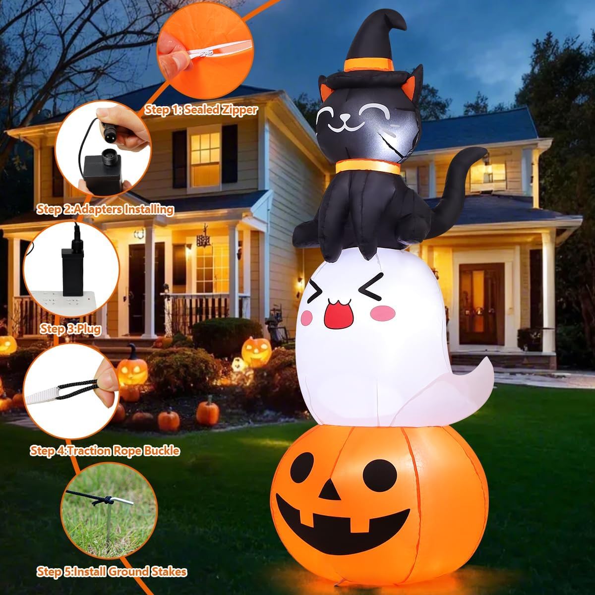 6 FT Halloween Inflatables Pumpkin Ghost Cat Combo Outdoor Decorations Blow up Yard with Built-In Leds for Indoor Party Garden Lawn Decor