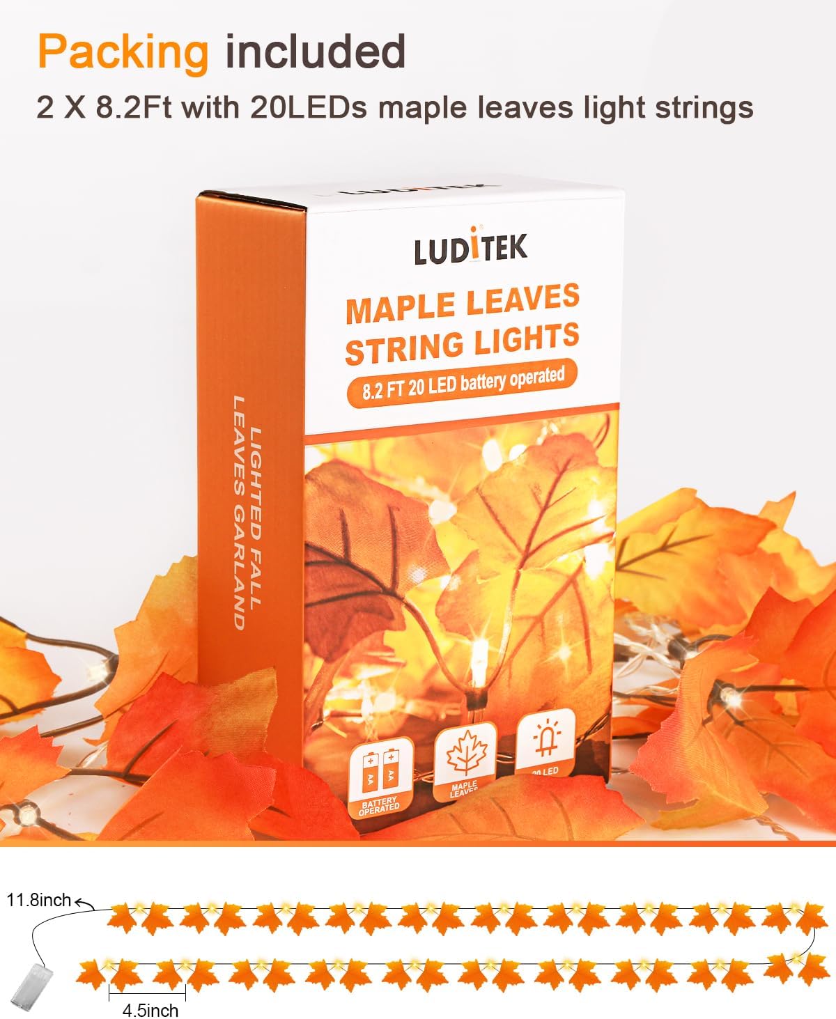 2-Pack Lighted Fall Garland, Total 16.4Ft 40 LED Autumn String Lights