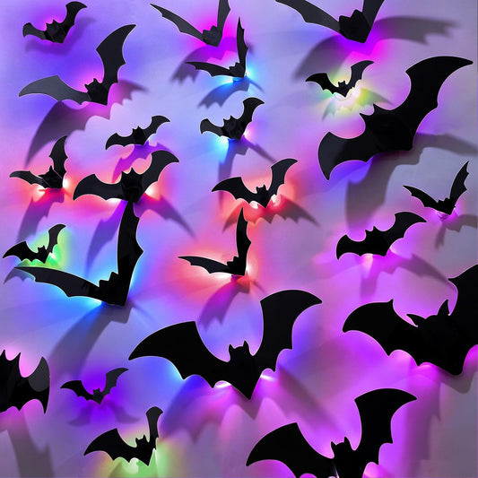 40Pcs Light up 3D Bats Halloween Wall Decorations, Led Glowing Black Bat Stickers with Colorful Lights for Home Indoor Outdoor Wall Window Door Halloween Party Scene Decals Decorations