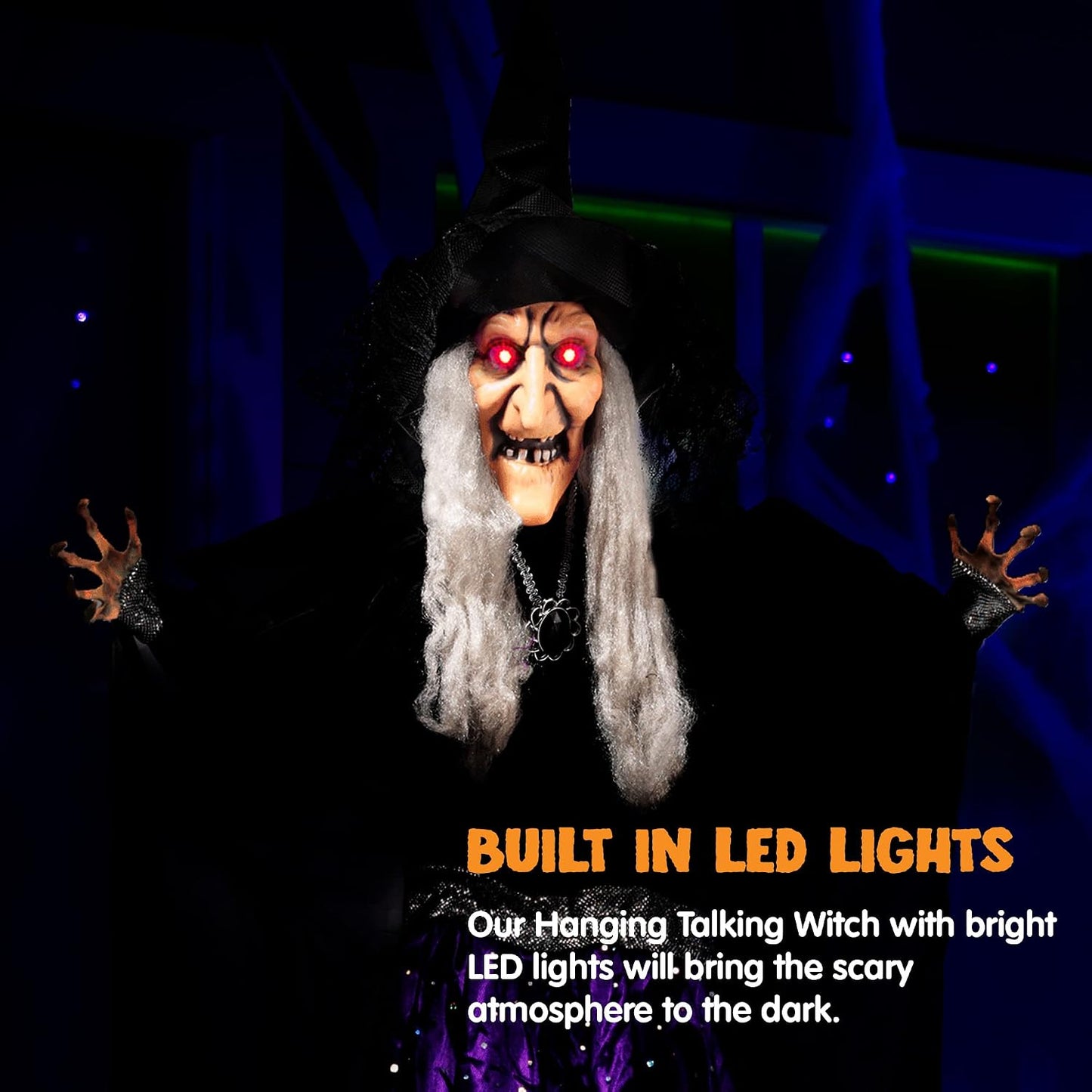 47” Animated Witch Halloween Decorations Outdoor Indoor, Scary Halloween Animatronics Decor, Hanging Ghost Talking Sound Activated Led Lights Eyes Haunted House Yard Garden Lawn
