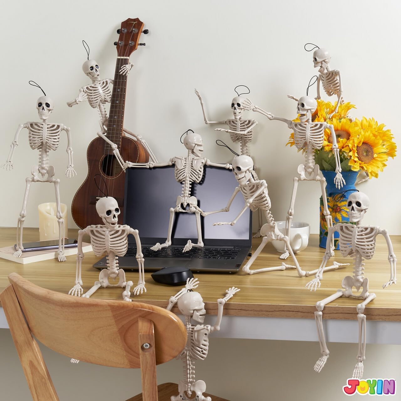 5 PCS Posable Halloween Skeleton Decor 16 Inches, Full Body Posable Joints Hanging Skeletons for Halloween Decorations, Graveyard Props, Haunted House Accessories, Spooky Scene Party Favors