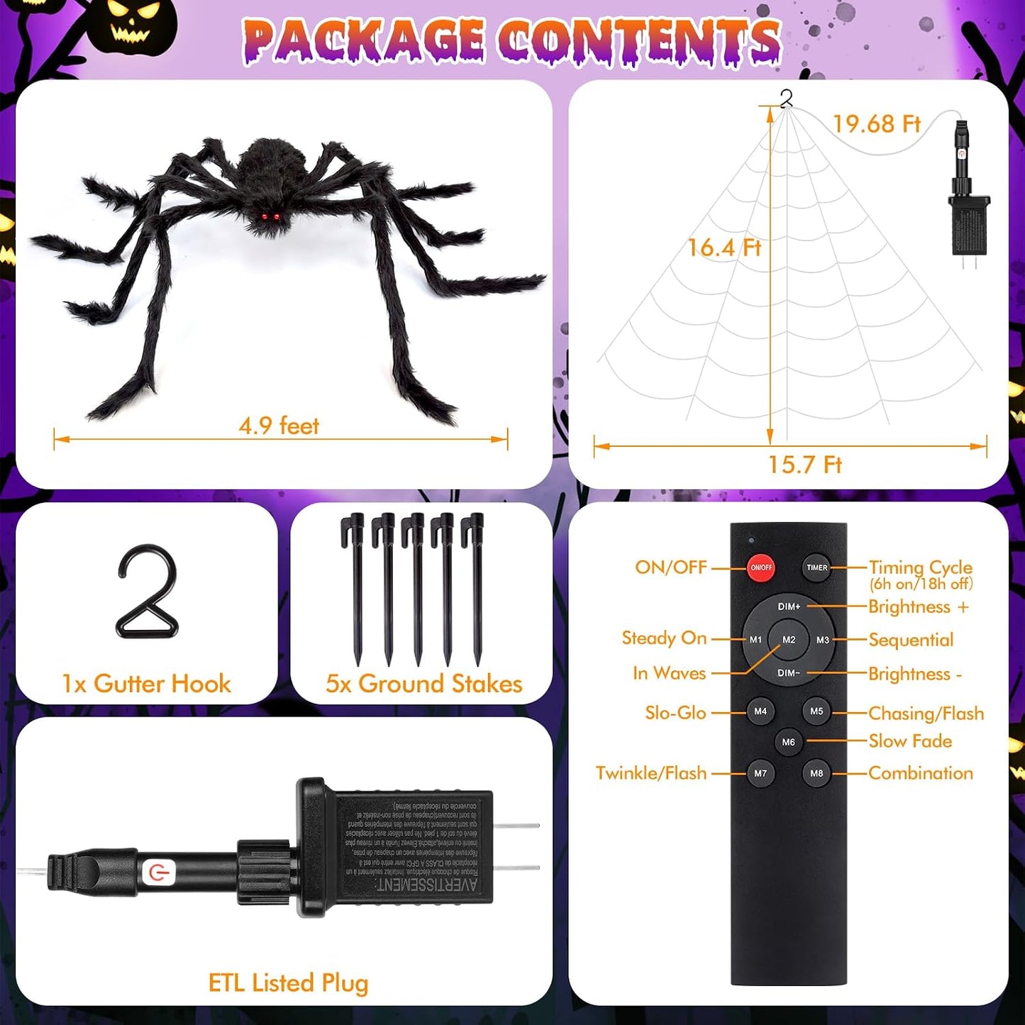 200" Halloween Decorations Spider Web Lights Outdoor +59" Fake Spider