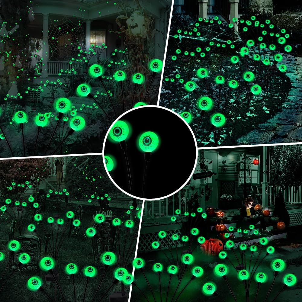 Halloween Decorations Outdoor Solar Scary Eyeball Lights,2Packs 12LED Green Eyeball Swaying Firefly Lights,Waterproof Solar Halloween Path Lights for Yard/Garden/Lawn/Party Decor