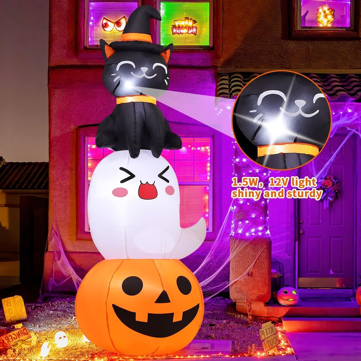 6 FT Halloween Inflatables Pumpkin Ghost Cat Combo Outdoor Decorations Blow up Yard with Built-In Leds for Indoor Party Garden Lawn Decor