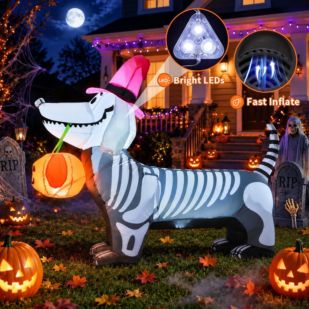 5.5 FT Halloween Inflatables Outdoor Decorations Skeleton Puppy Inflatable Yard Decoration with Build-In Leds Blow up Pumpkin for Halloween Party Indoor Outdoor Yard Garden