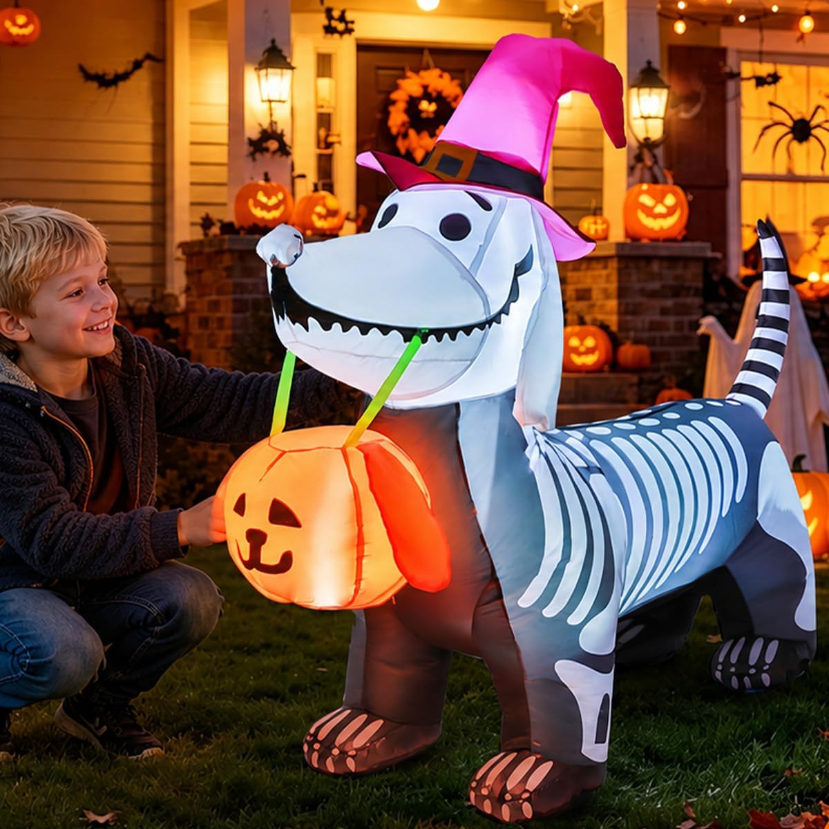 5.5 FT Halloween Inflatables Outdoor Decorations Skeleton Puppy Inflatable Yard Decoration with Build-In Leds Blow up Pumpkin for Halloween Party Indoor Outdoor Yard Garden