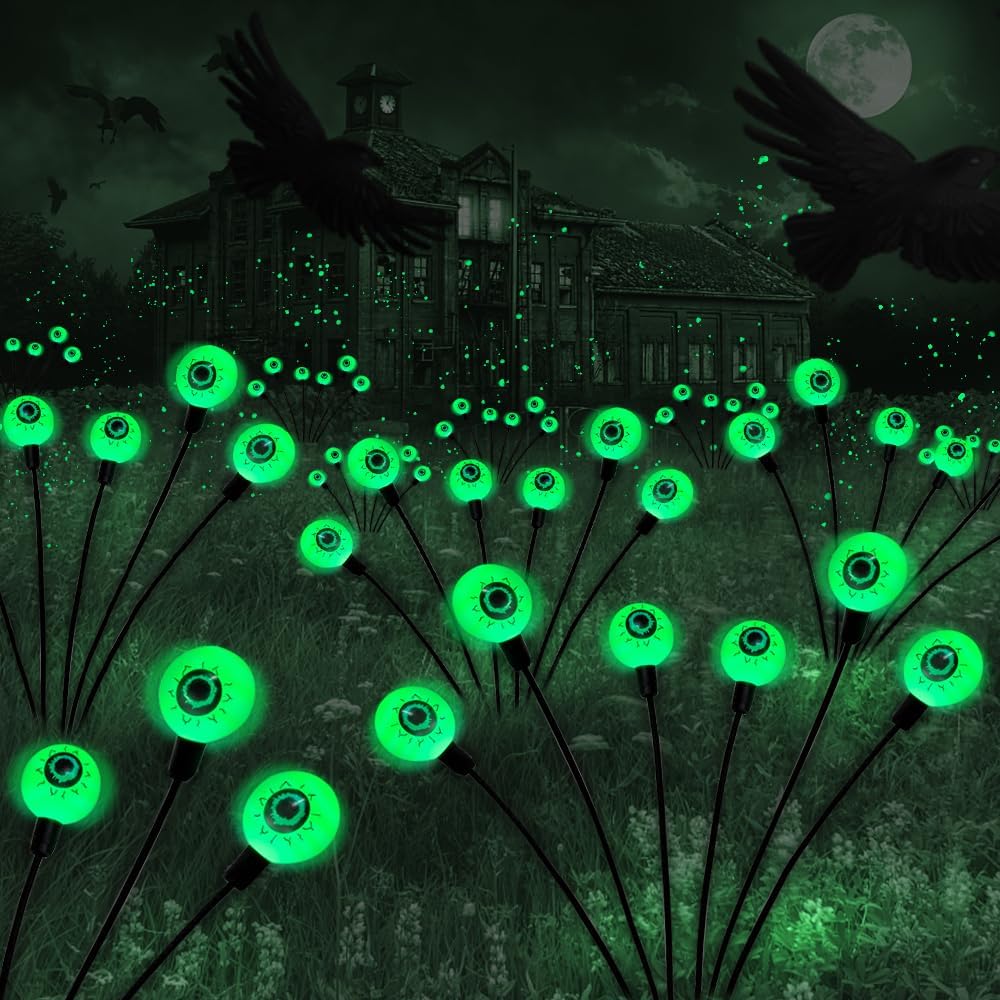 Halloween Decorations Outdoor Solar Scary Eyeball Lights,2Packs 12LED Green Eyeball Swaying Firefly Lights,Waterproof Solar Halloween Path Lights for Yard/Garden/Lawn/Party Decor