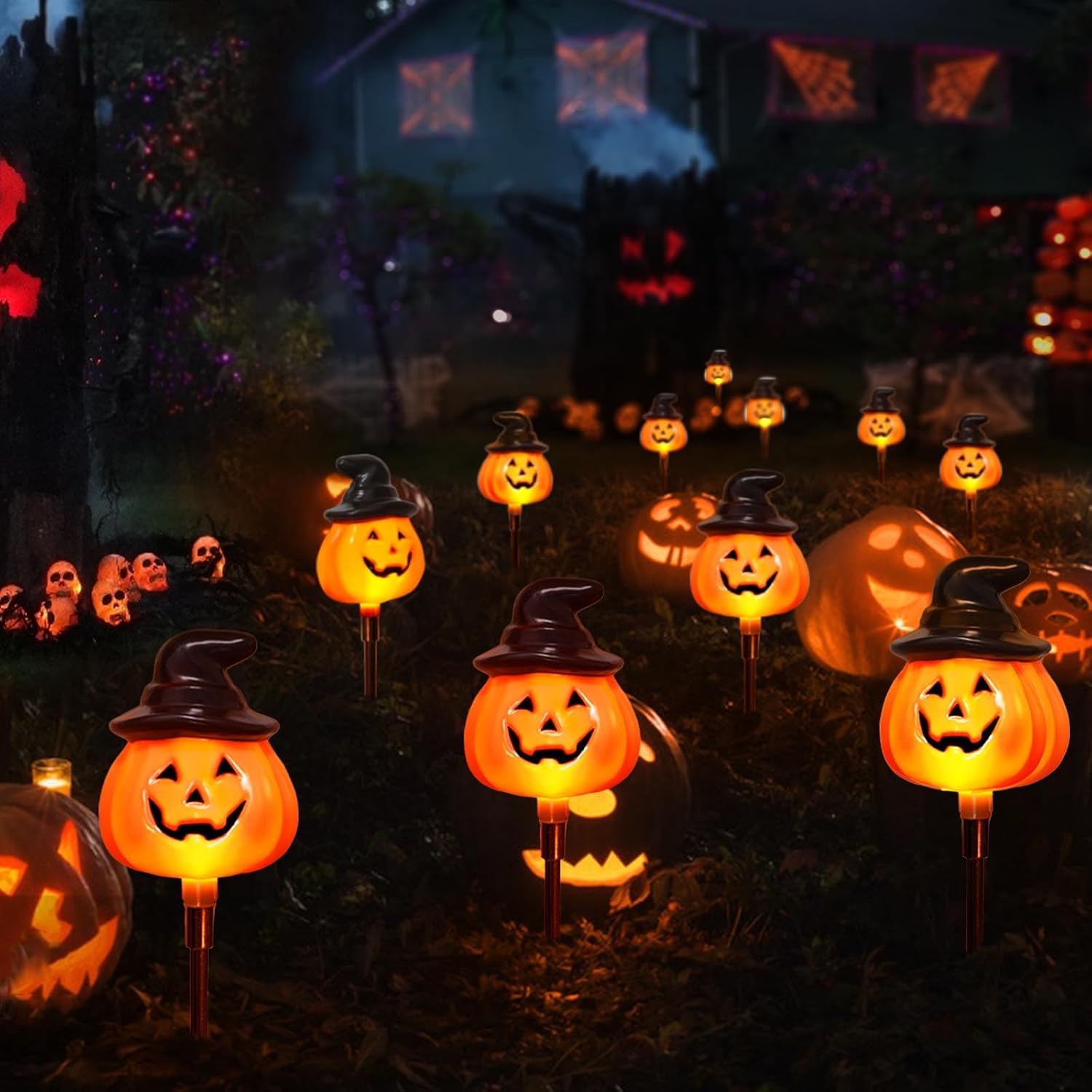 6 Pack Solar Jack O Lantern Stake String Lights - Orange Halloween Pathway Decor for Outdoor Halloween Yard Display