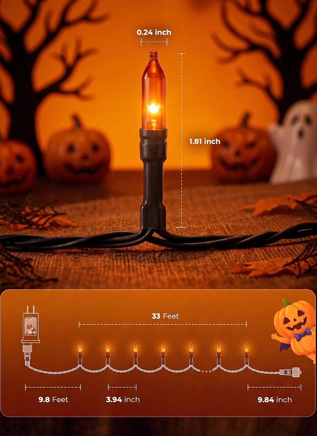 Orange LED Outdoor Halloween Lights, Halloween Decorations, 39 FT 100 LED Mini Lights with 8 Lighting Modes,Connectable String Light Plug in for Garden Patio Party Haunted House Ghost Holiday Decor