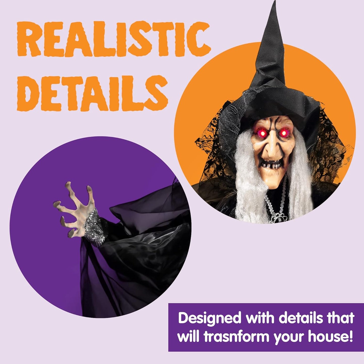 47” Animated Witch Halloween Decorations Outdoor Indoor, Scary Halloween Animatronics Decor, Hanging Ghost Talking Sound Activated Led Lights Eyes Haunted House Yard Garden Lawn