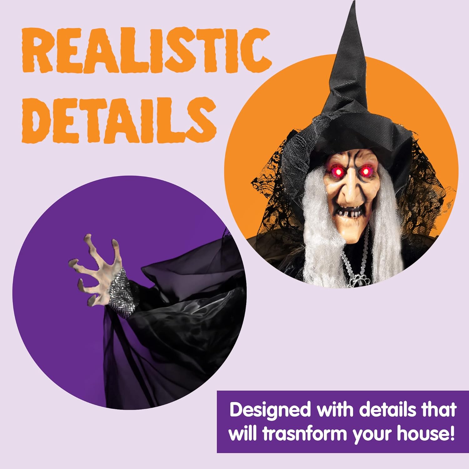 47” Animated Witch Halloween Decorations Outdoor Indoor, Scary Halloween Animatronics Decor, Hanging Ghost Talking Sound Activated Led Lights Eyes Haunted House Yard Garden Lawn