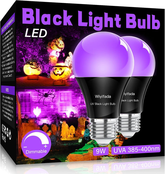 LED Black Light Bulbs 2 Pack, Dimmable A19 9W,UVA Level 385-400Nm