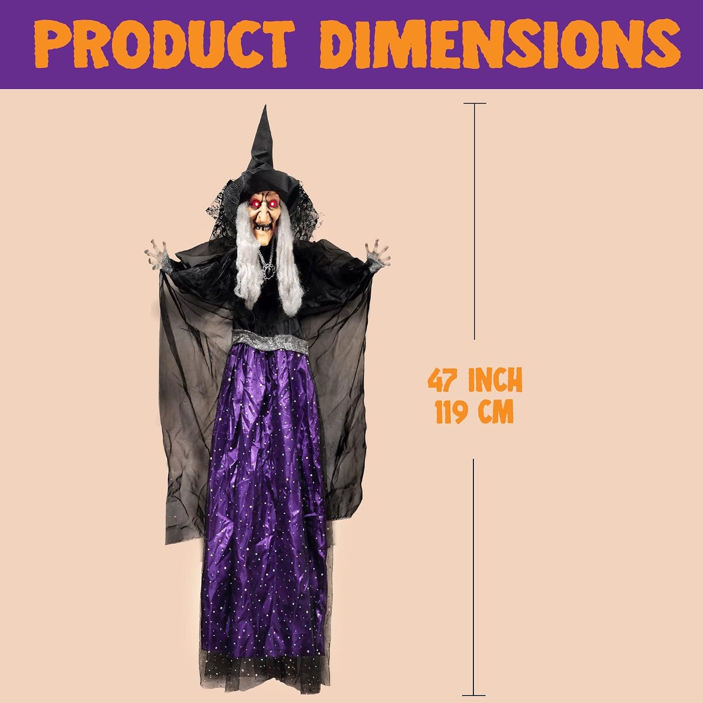 47” Animated Witch Halloween Decorations Outdoor Indoor, Scary Halloween Animatronics Decor, Hanging Ghost Talking Sound Activated Led Lights Eyes Haunted House Yard Garden Lawn