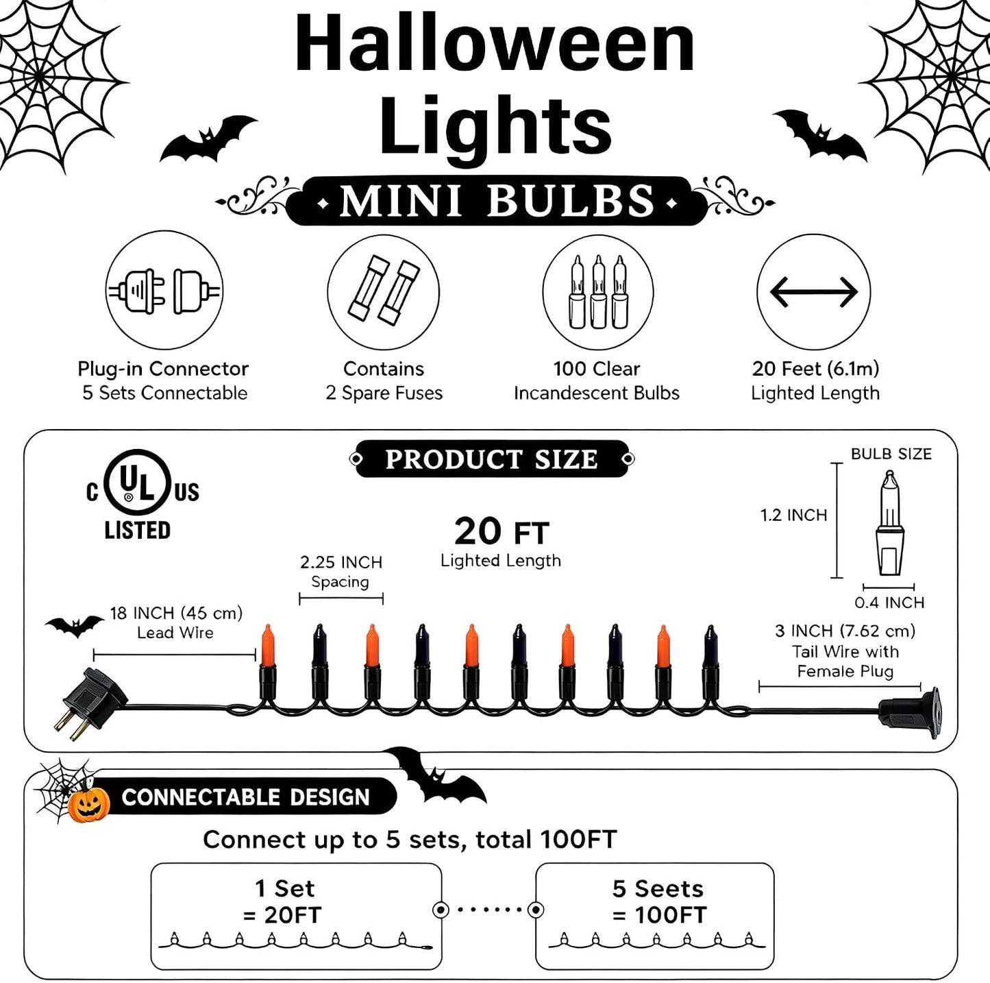 Purple and Orange Halloween Lights, 20FT 100 Count Incandescent Mini String Lights, Waterproof Halloween Decorations for Outdoor Indoor Patio Home Party Garden Yard Decor