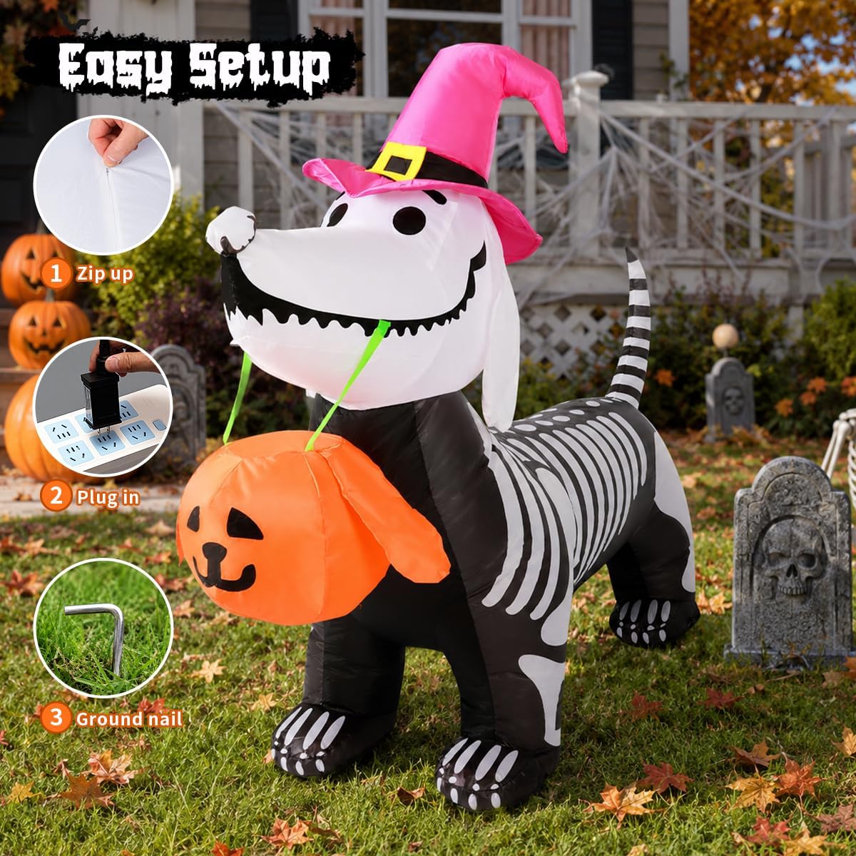 5.5 FT Halloween Inflatables Outdoor Decorations Skeleton Puppy Inflatable Yard Decoration with Build-In Leds Blow up Pumpkin for Halloween Party Indoor Outdoor Yard Garden