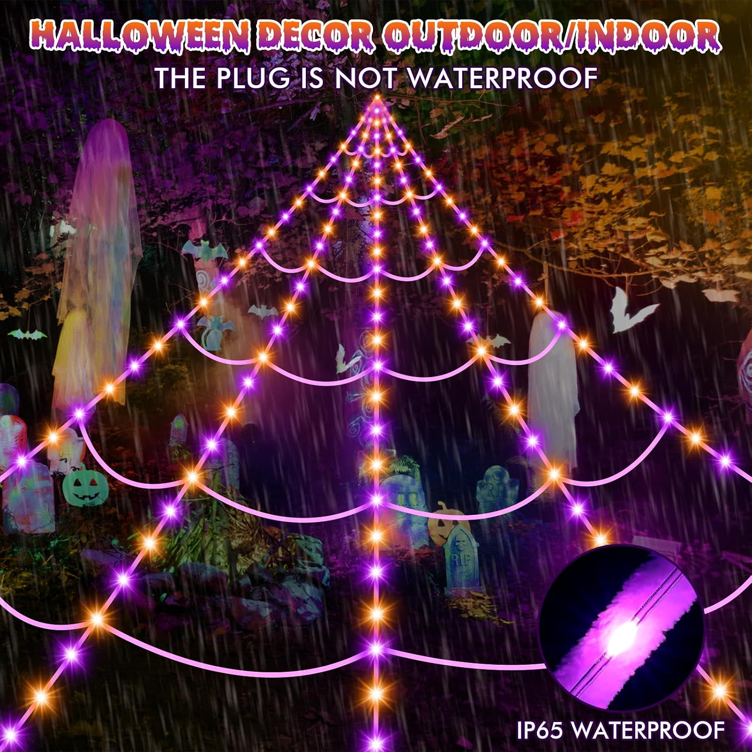 200" Halloween Decorations Spider Web Lights Outdoor +59" Fake Spider