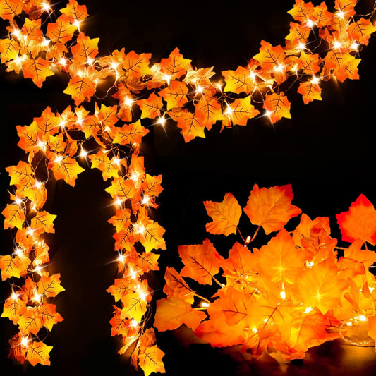 2-Pack Lighted Fall Garland, Total 16.4Ft 40 LED Autumn String Lights