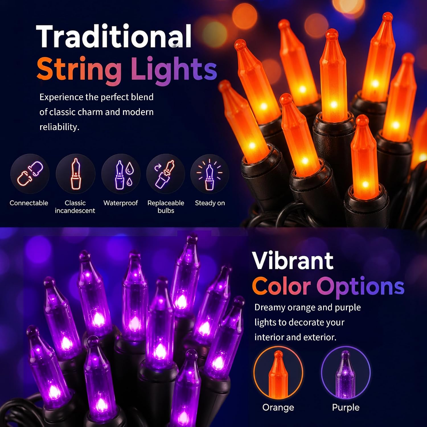 Purple and Orange Halloween Lights, 20FT 100 Count Incandescent Mini String Lights, Waterproof Halloween Decorations for Outdoor Indoor Patio Home Party Garden Yard Decor
