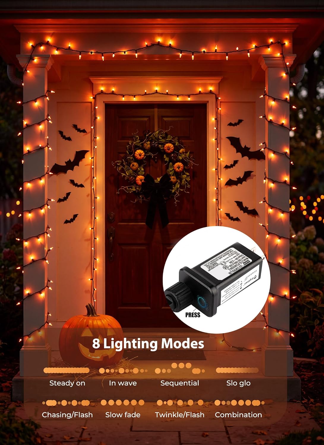 Orange LED Outdoor Halloween Lights, Halloween Decorations, 39 FT 100 LED Mini Lights with 8 Lighting Modes,Connectable String Light Plug in for Garden Patio Party Haunted House Ghost Holiday Decor