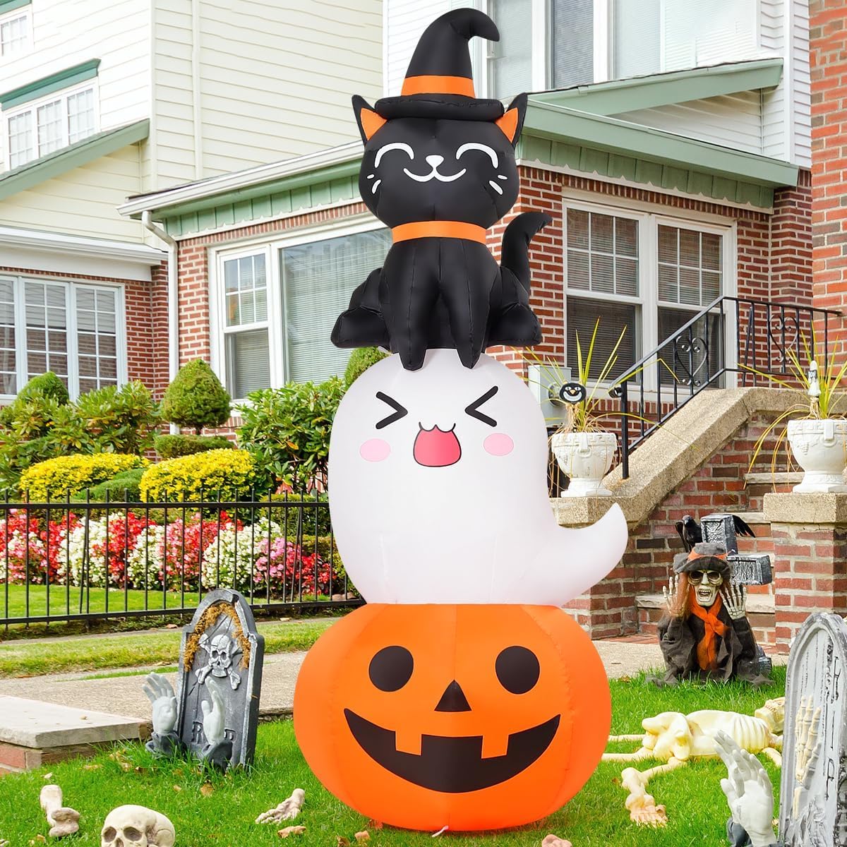 6 FT Halloween Inflatables Pumpkin Ghost Cat Combo Outdoor Decorations Blow up Yard with Built-In Leds for Indoor Party Garden Lawn Decor