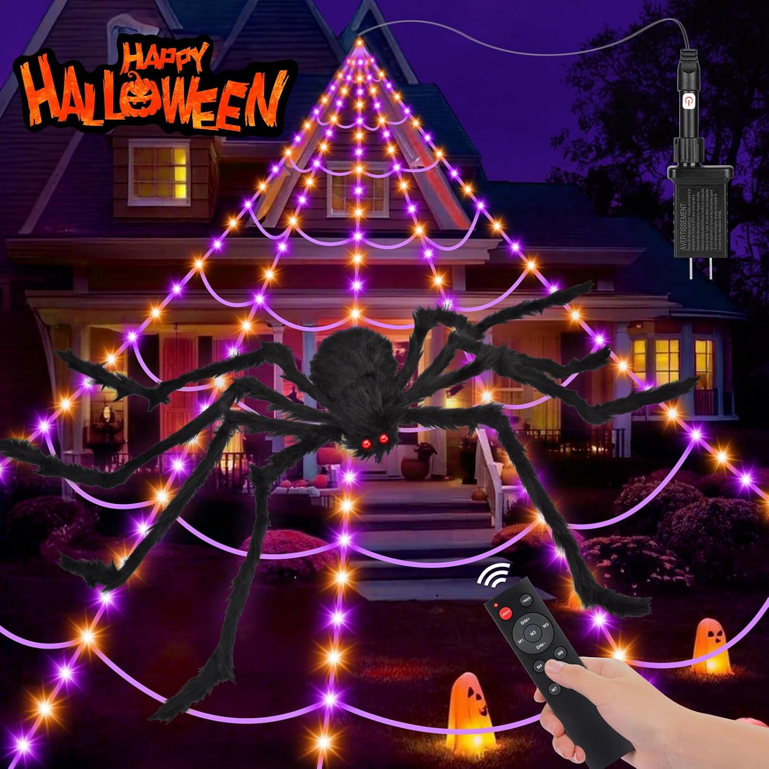 200" Halloween Decorations Spider Web Lights Outdoor +59" Fake Spider