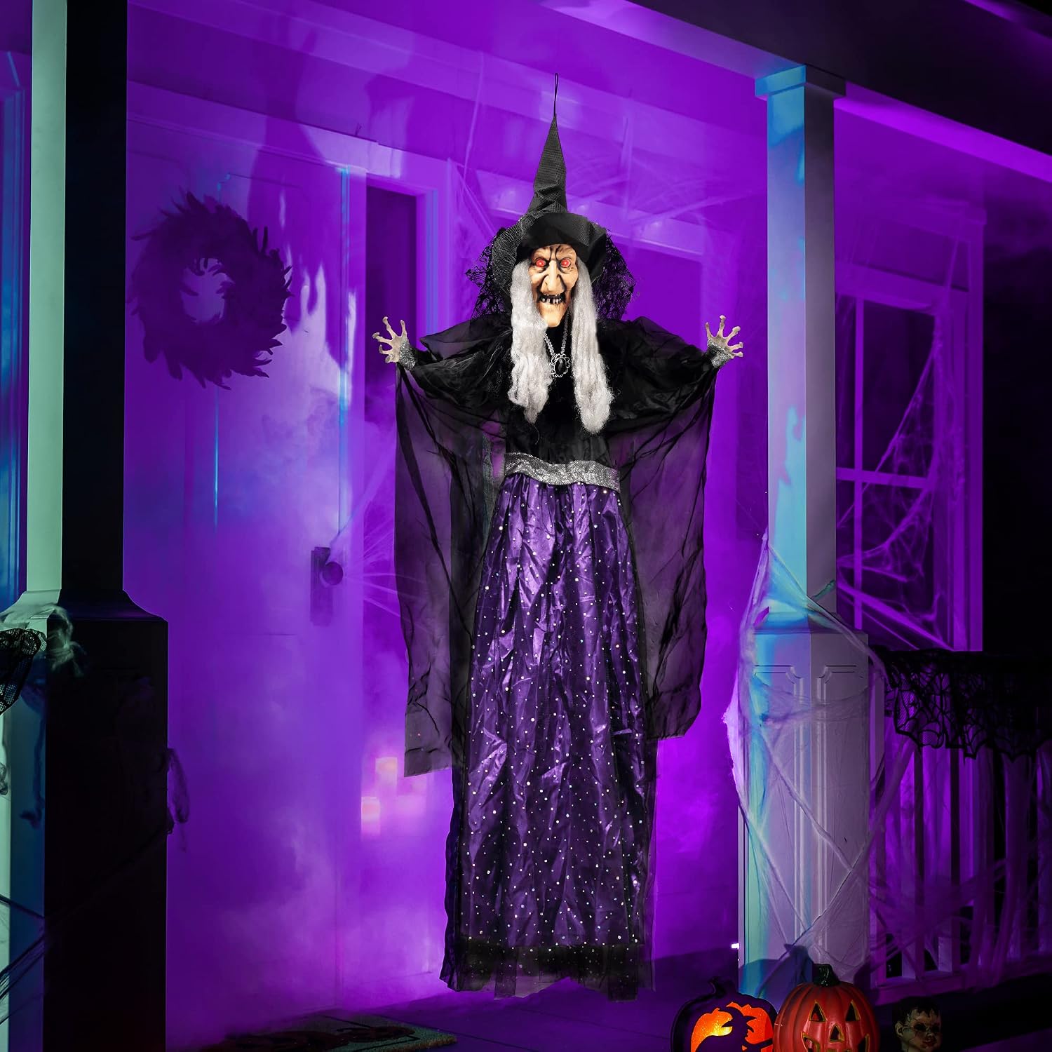 47” Animated Witch Halloween Decorations Outdoor Indoor, Scary Halloween Animatronics Decor, Hanging Ghost Talking Sound Activated Led Lights Eyes Haunted House Yard Garden Lawn