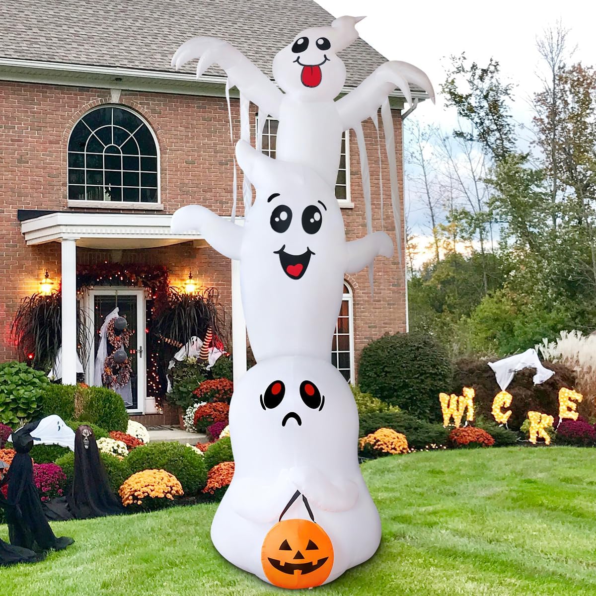9.8 FT High Halloween Inflatable Overlap Ghost Outdoor Decorations Blow up Yard with Built-In Leds for Garden Lawn Indoor Party Decor (Three Ghosts)