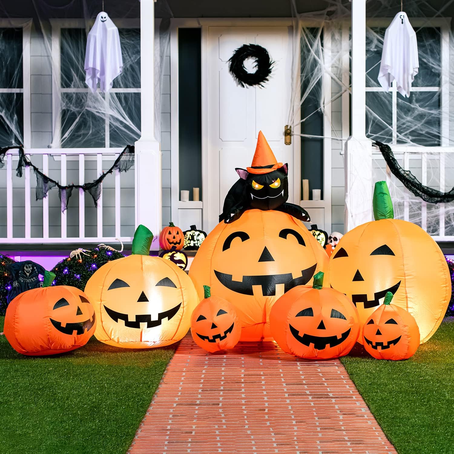 7 FT Long Halloween Inflatables Pumpkin Outdoor Decorations, 7 Pumpkins outside Decoration with Witch'S Cat with Build-In Leds Blow up Inflatables for Party Yard Lawn Garden Decor