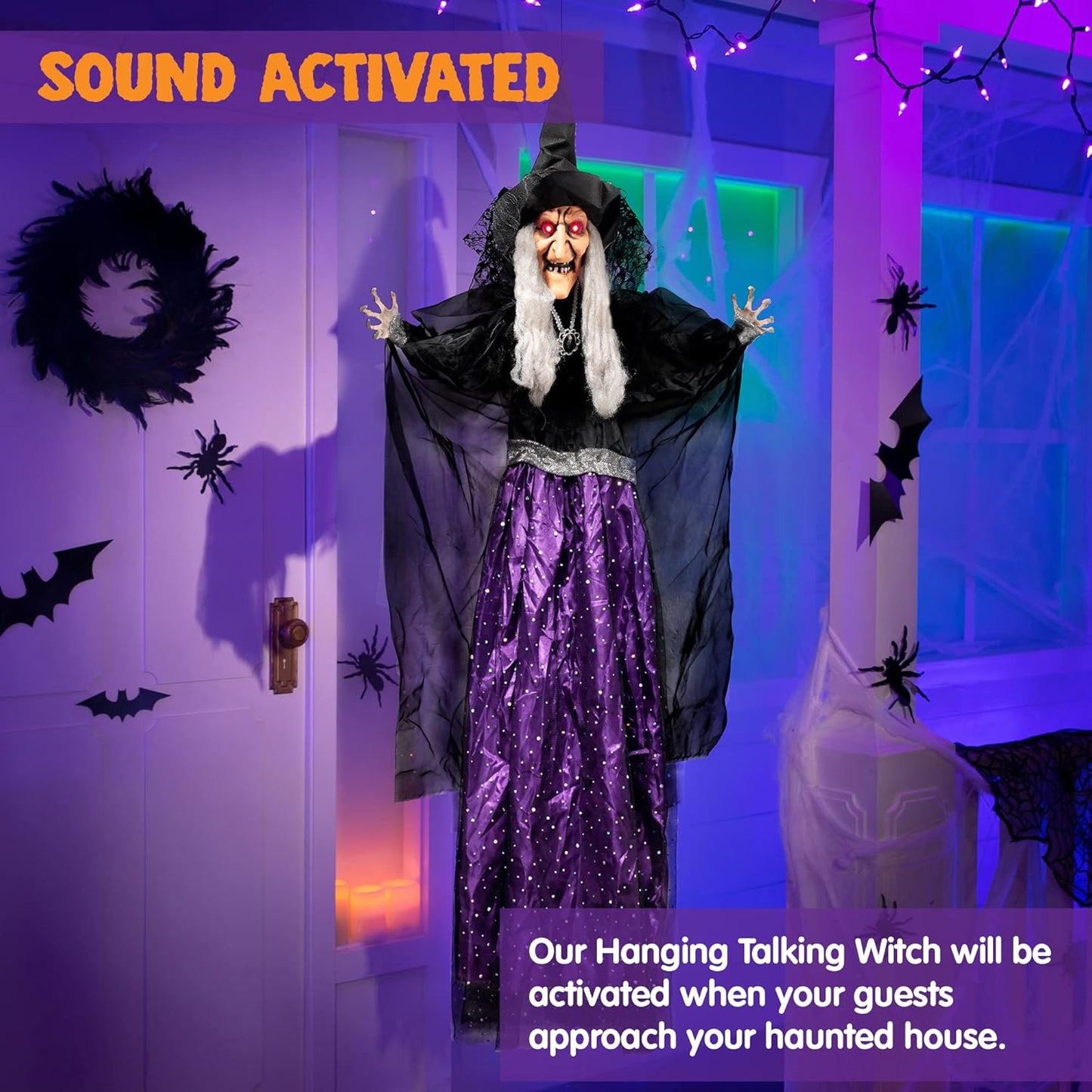 47” Animated Witch Halloween Decorations Outdoor Indoor, Scary Halloween Animatronics Decor, Hanging Ghost Talking Sound Activated Led Lights Eyes Haunted House Yard Garden Lawn