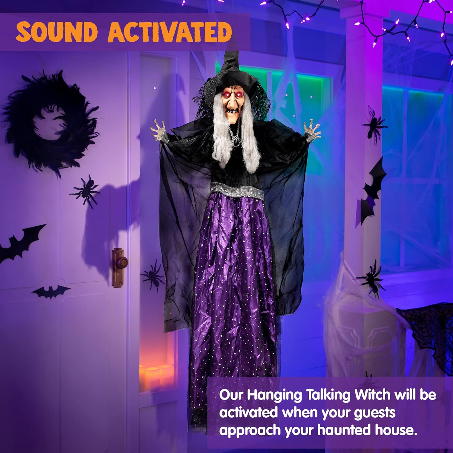 47” Animated Witch Halloween Decorations Outdoor Indoor, Scary Halloween Animatronics Decor, Hanging Ghost Talking Sound Activated Led Lights Eyes Haunted House Yard Garden Lawn