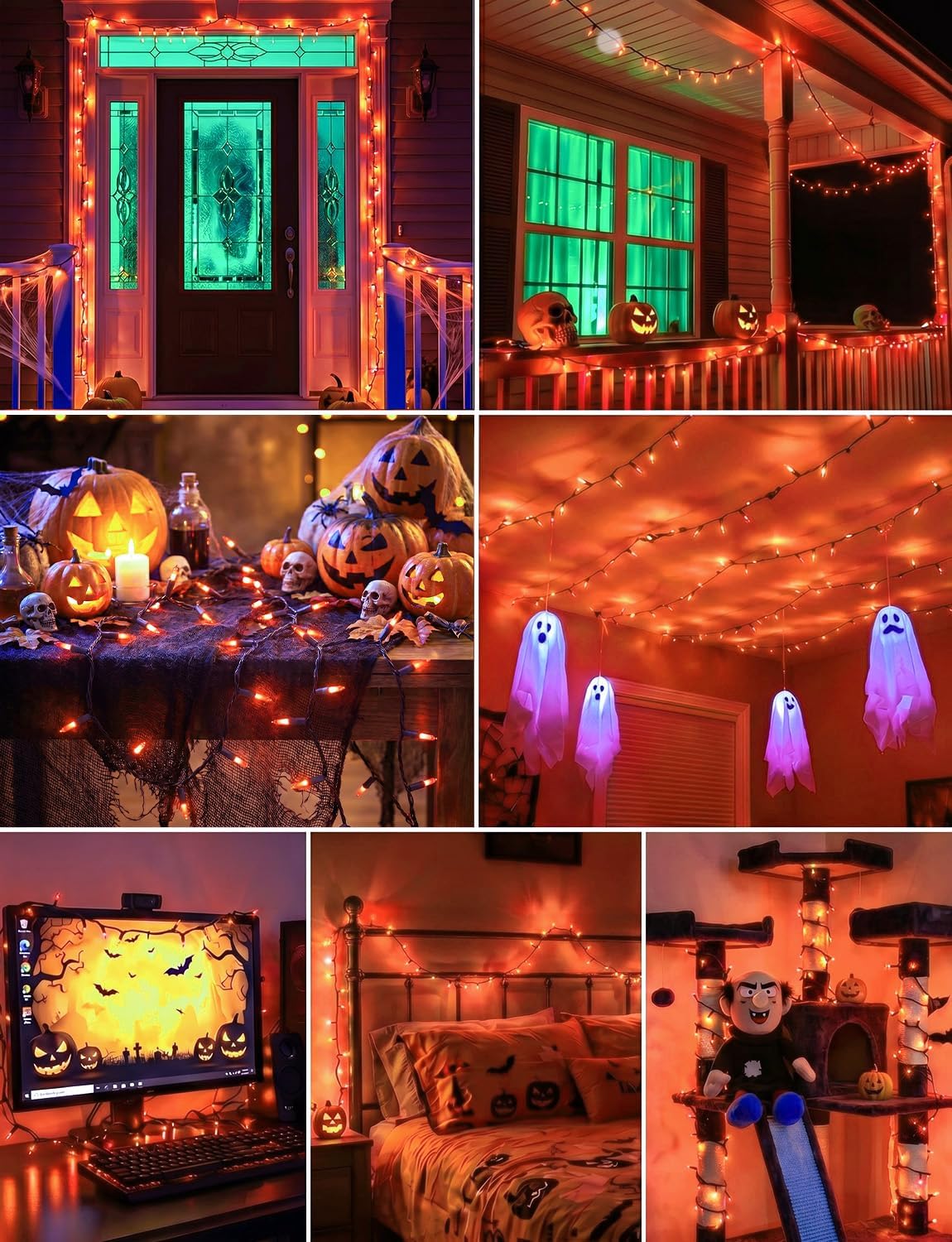Orange LED Outdoor Halloween Lights, Halloween Decorations, 39 FT 100 LED Mini Lights with 8 Lighting Modes,Connectable String Light Plug in for Garden Patio Party Haunted House Ghost Holiday Decor