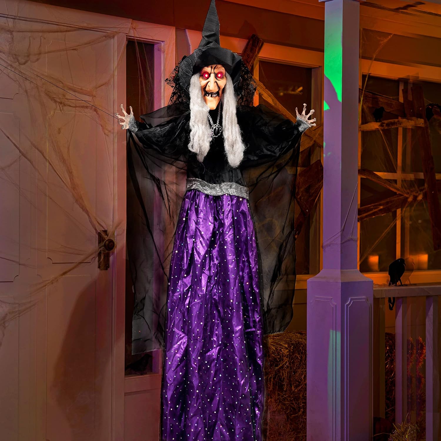 47” Animated Witch Halloween Decorations Outdoor Indoor, Scary Halloween Animatronics Decor, Hanging Ghost Talking Sound Activated Led Lights Eyes Haunted House Yard Garden Lawn
